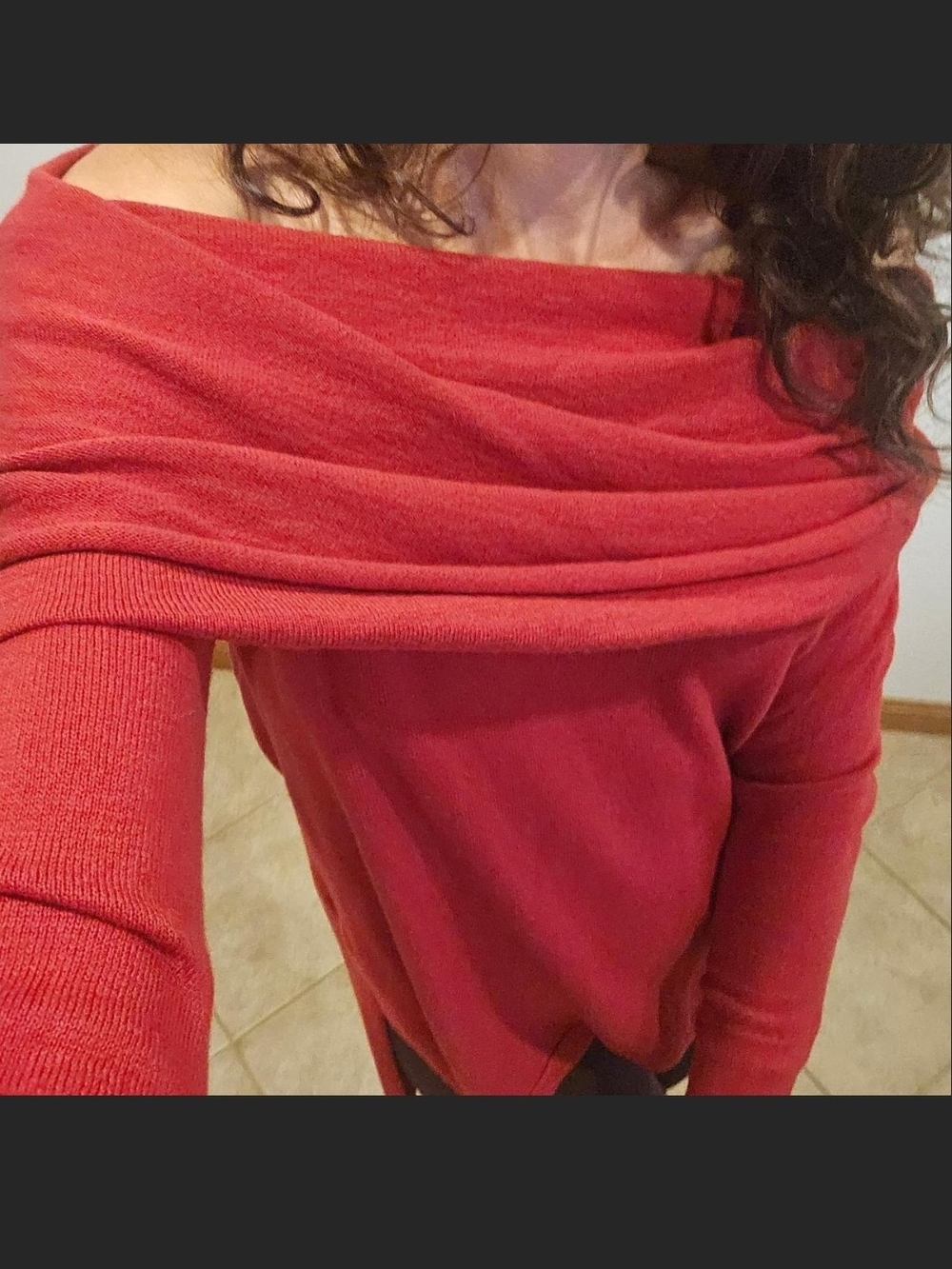 Shrinking Violet Red Off-Shoulder Draped Sweater